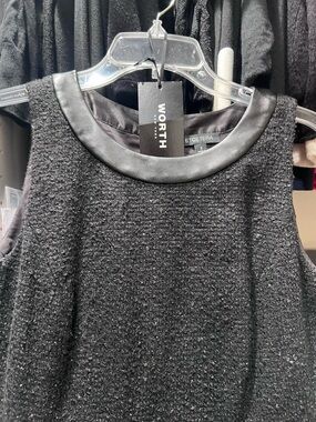 Worth Black Tweed-Texture Sleeveless Tank with Faux Leather Neckline